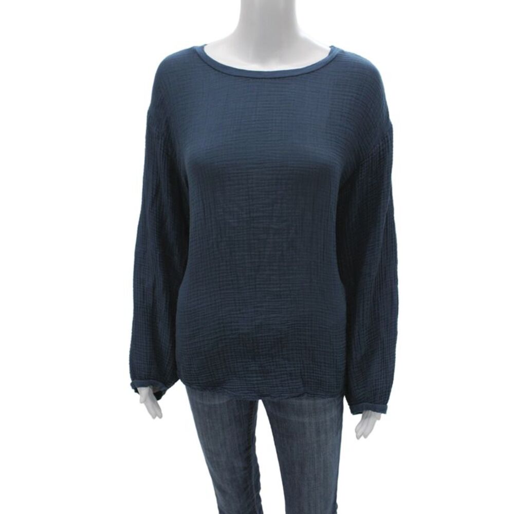 Velvet Womens Blue Cotton Basic Blouse Long Sleeve Round Neck Size L